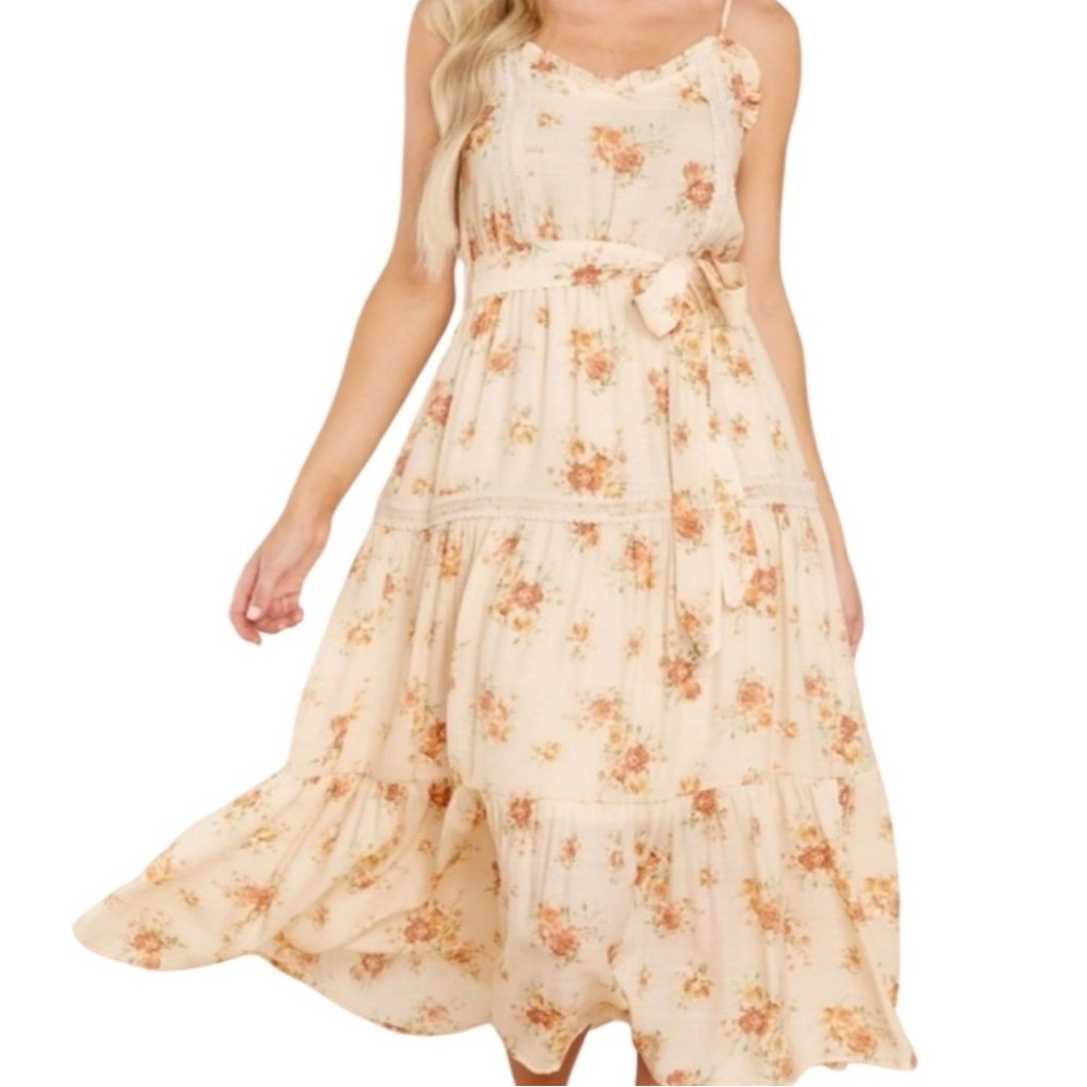Mine Floral Midi Dress L Large Orange Lace Floral Cottagecore Prairie Whimsy